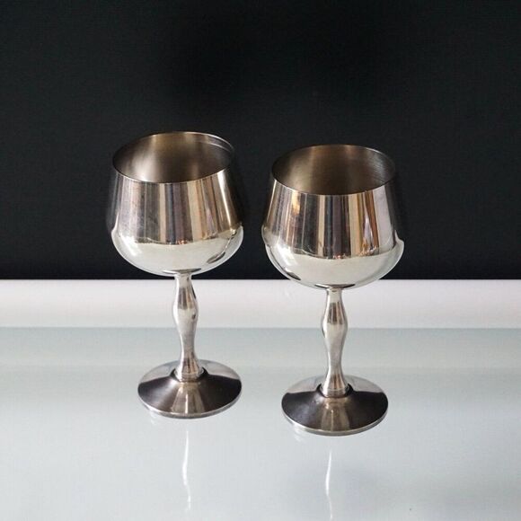 Set of 2 Silver Plate Wine Goblets 5 1/2" Tall Portugal Chalice Wine Cup - Picture 1 of 7